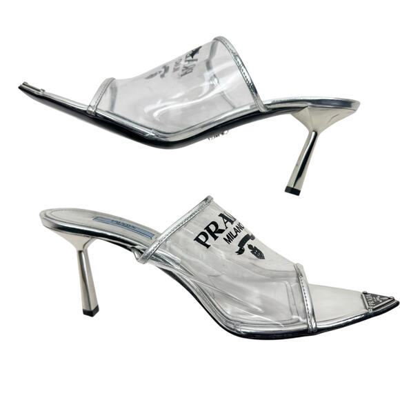 Prada Plex Transparent Pvc Triangle Logo Mule Sandals Silver Size 38.5 - Picture 8 of 10